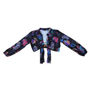 IMAN CASUAL BLACK FLORAL TIE FRONT CROPPED TOP LONG SLEEVE COLLARED WOMENS XLP